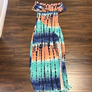 Full length off the shoulder fitted dress